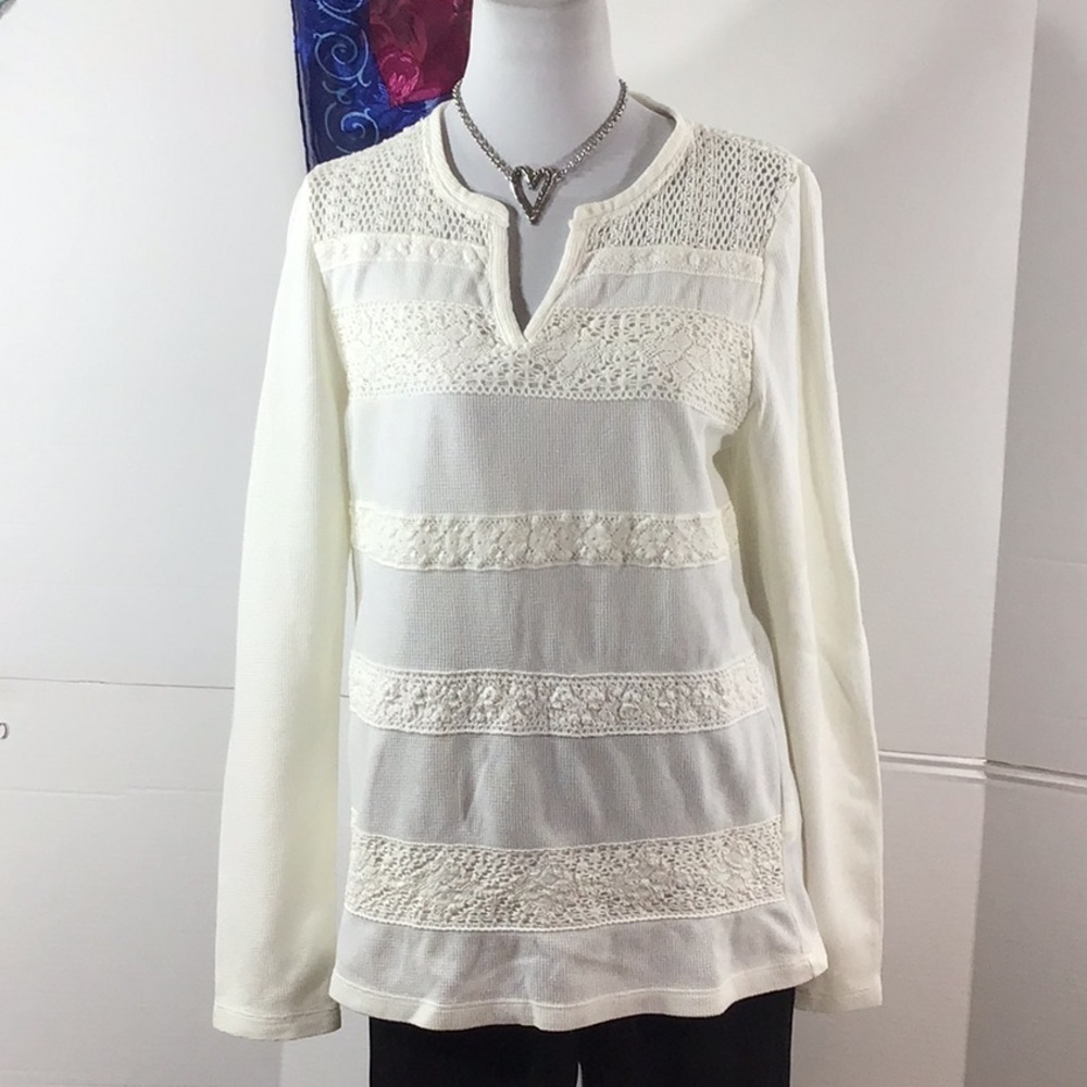 Lucky Brand cream knit top crochet L